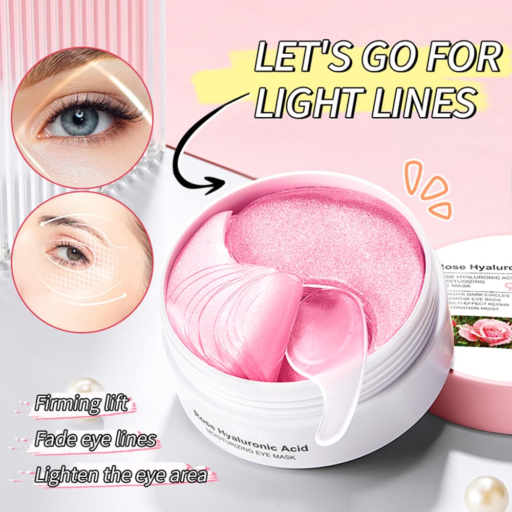 Under Eye Patches - 30 Pairs Rose Hyaluronic Acid Eye Mask for Puffy Eyes & Dark Circles Treatments, Reduce Under Eye Bags and Smooth Wrinkles (Rose)