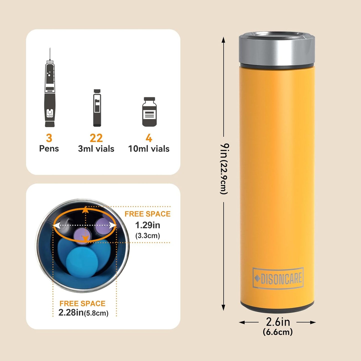 DISONCARE Odyssey 60H 3 Insulin Pens Cooler Travel Case Medication Cooler for Travel TSA Approved Diabetic Insulina EpiPen Carry Case Medicine Bag Ice Pack with Medical Alert Tag(Yellow)