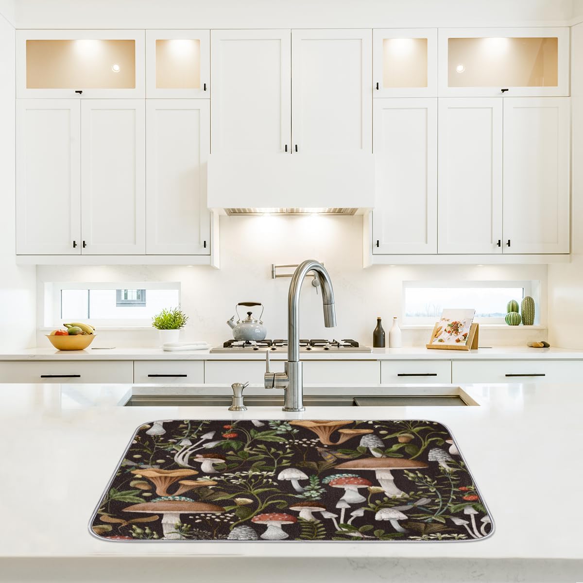 Hexteria Mushroom Dish Drying Mat For Kitchen Counter 16 X 18 Inch, Microfiber Absorbent Dish Drainer Mat for Countertops Protector Pad