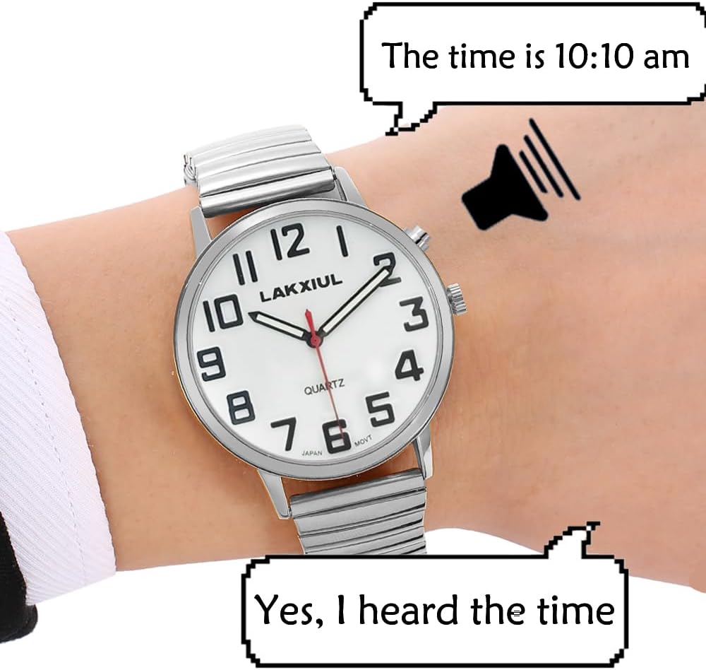 English Talking Watch with Large Numbers, Time-Date Announcement, Stainless Steel Telescopic Strap, Alarm Clock
