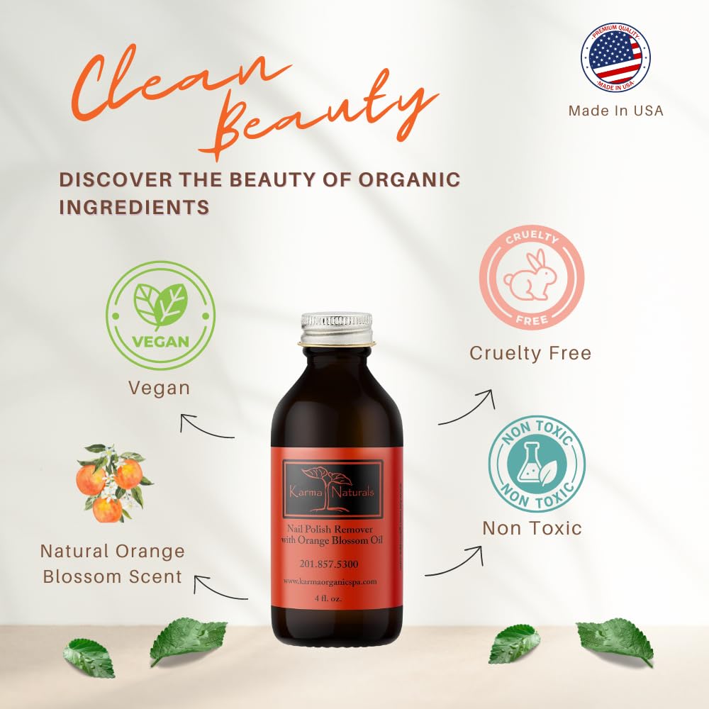 Karma Organic Nail Polish Remover with Soybean Oil and Orange Blossom Oil- Non Toxic, Vegan, Cruelty Free, Acetone Free – Nails Strengthener for Fingernails –12 fl. Oz. (3 Pack)