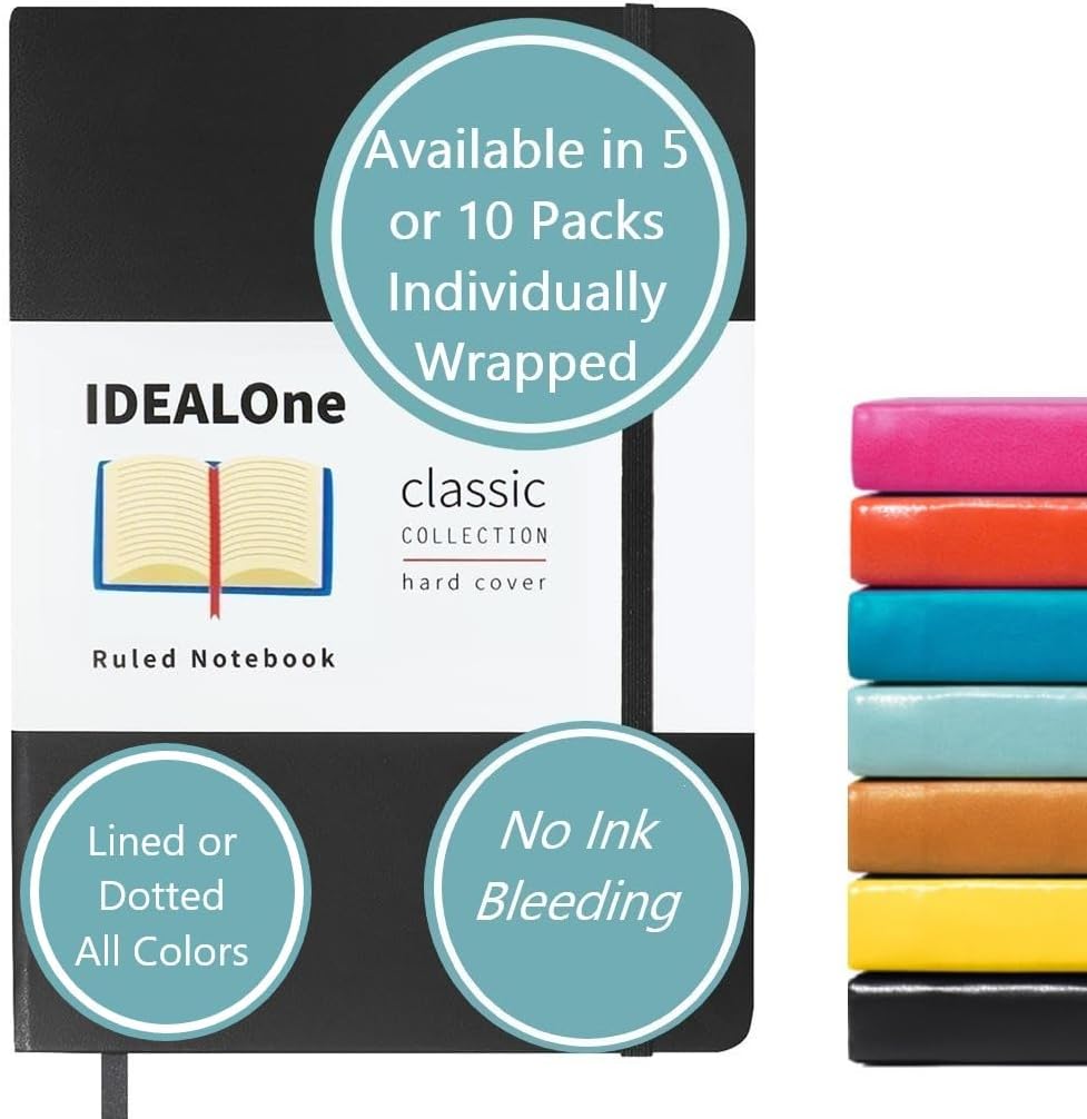 IDEALOne Hardcover Journal Lined–A5 (5.7x8) small notebook, College Ruled Journaling Notebooks,160 pages, 100GSM Thick Paper, Journal for Women, Men, Teens - Black
