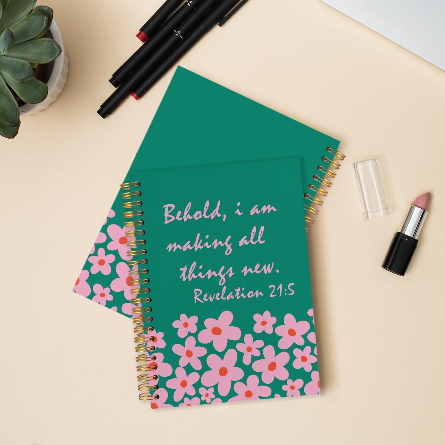 Inspirational Green Floral Christian Spiral Journal Notebook 5.5x8.3in, Prayer Bible Journal for Woman, Revelation 21:5 Bible Notebooks for Note Taking, Religious Hardcover Notebook