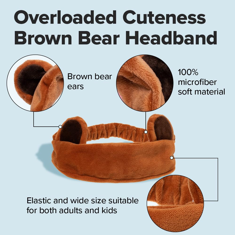 I DEW CARE Face Wash Headband - Brown Bear | Animal Head band for Face Washing & Skincare, Spa Day, Soft & Fuzzy, Cute for Makeup, Shower, Teen Girls Stuff, Teddy Bear Ears, (1 Count)