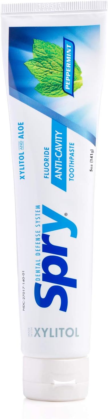 Spry Natural Xylitol Toothpaste 5oz for Adults and Kids with Fluoride, Gentle for Sensitive Teeth Whitening and Remineralizing, Breath Freshening, Mouth Moisturizing, Peppermint (Pack of 1)