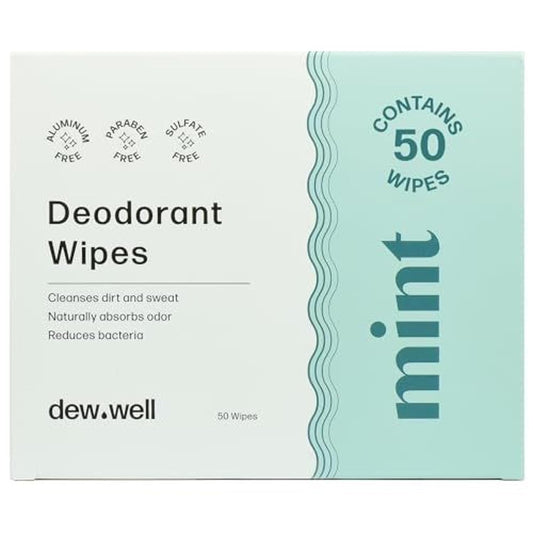 Dew Well 50 Individually Wrapped Armpit Wipes, Deodorant Wipes, A Fresh Start When You’re On the Go, Aluminum, Paraben, and Sulfate Free, Mint Scent