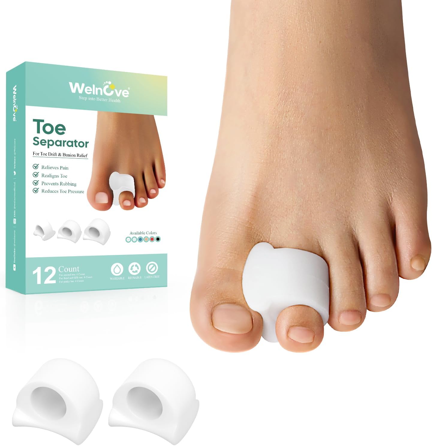 Welnove Toe Separator for Overlapping Toes - 12 PackToe Spacers for Bunions - Toe Corrector for Hammer Toes, Realign Crooked Toes - Preventing Rubbing Relieve Pressure (Medium, White)