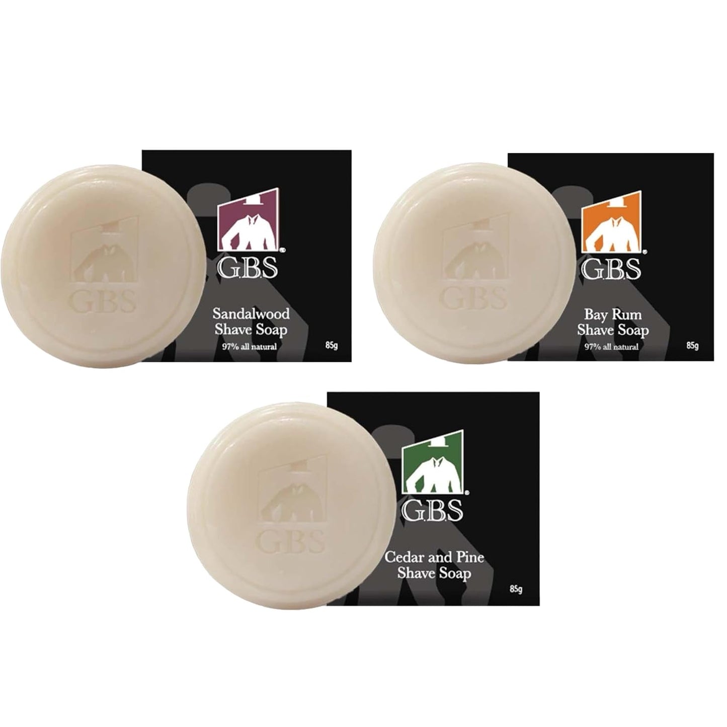 G.B.S 97% All Natural Shave Soap Set for Men, Cedar & Pine, Sandalwood, Bay Rum, Pack of 3