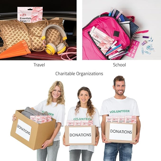 Essential Flow Kit – Case of 60 Individually Packed Period Kits for Schools, Students & Emergency Needs | Includes 3 Pantiliners, 2 Maxi Pads & 1 Feminine Wipe in a Discreet Zip Bag (Purple)