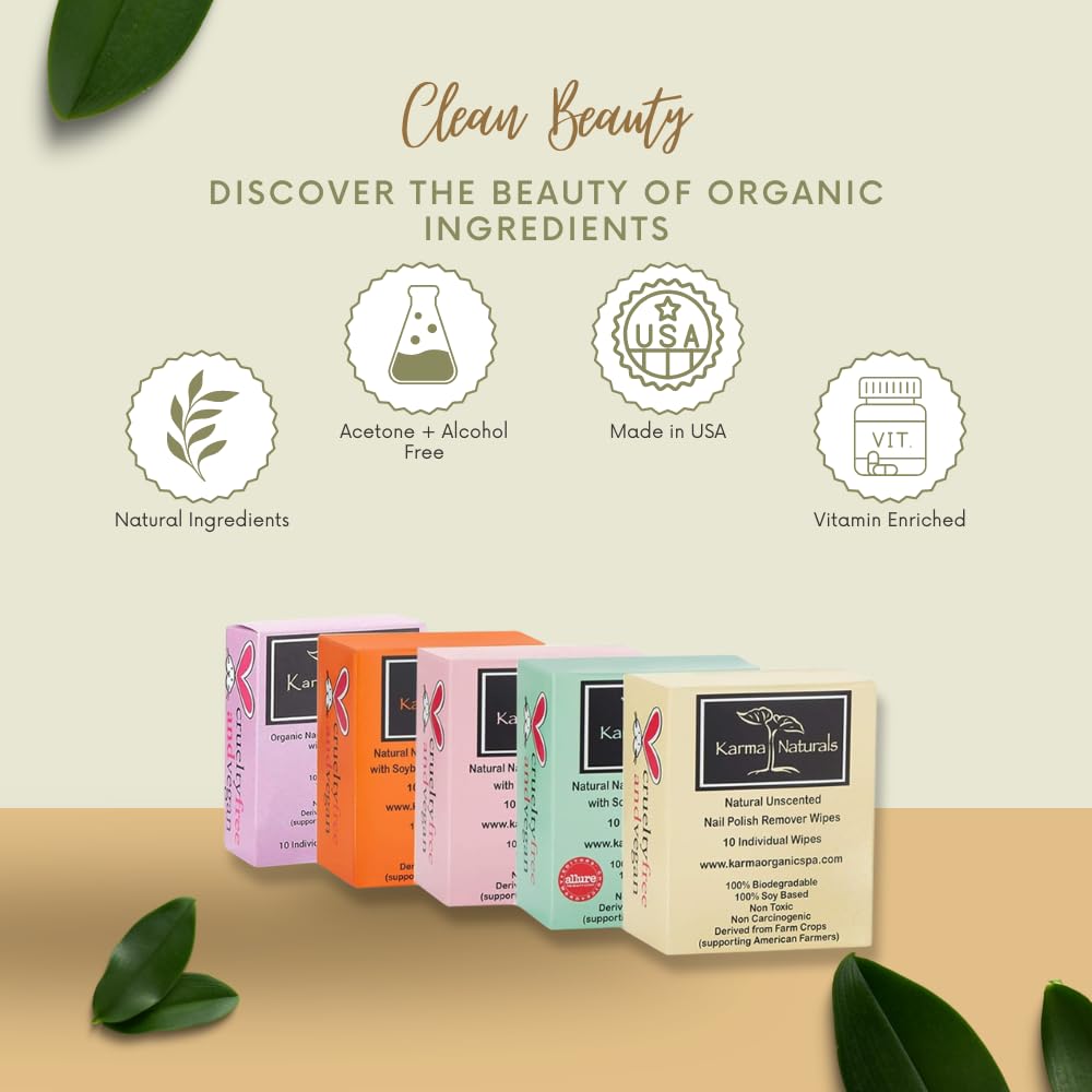 Karma Organic Unscented Nail Polish Remover Wipes, 100% Soy Based, Non-Toxic, Vegan, Cruelty-Free – Pack of 10