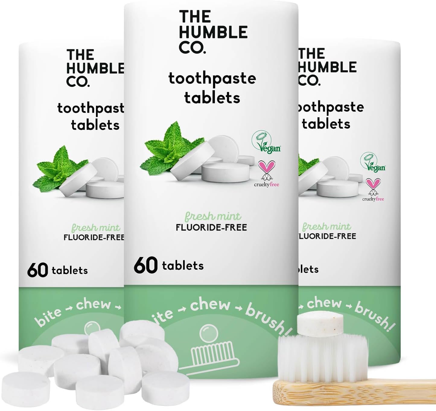 The Humble Co. Mint Toothpaste Tablets Fluoride-Free, 3pk - Anticavity, Fluoride Free Toothpaste Dental Tablets with Natural Ingredients, Dentist Developed Formula (Mint, 3 Pk)