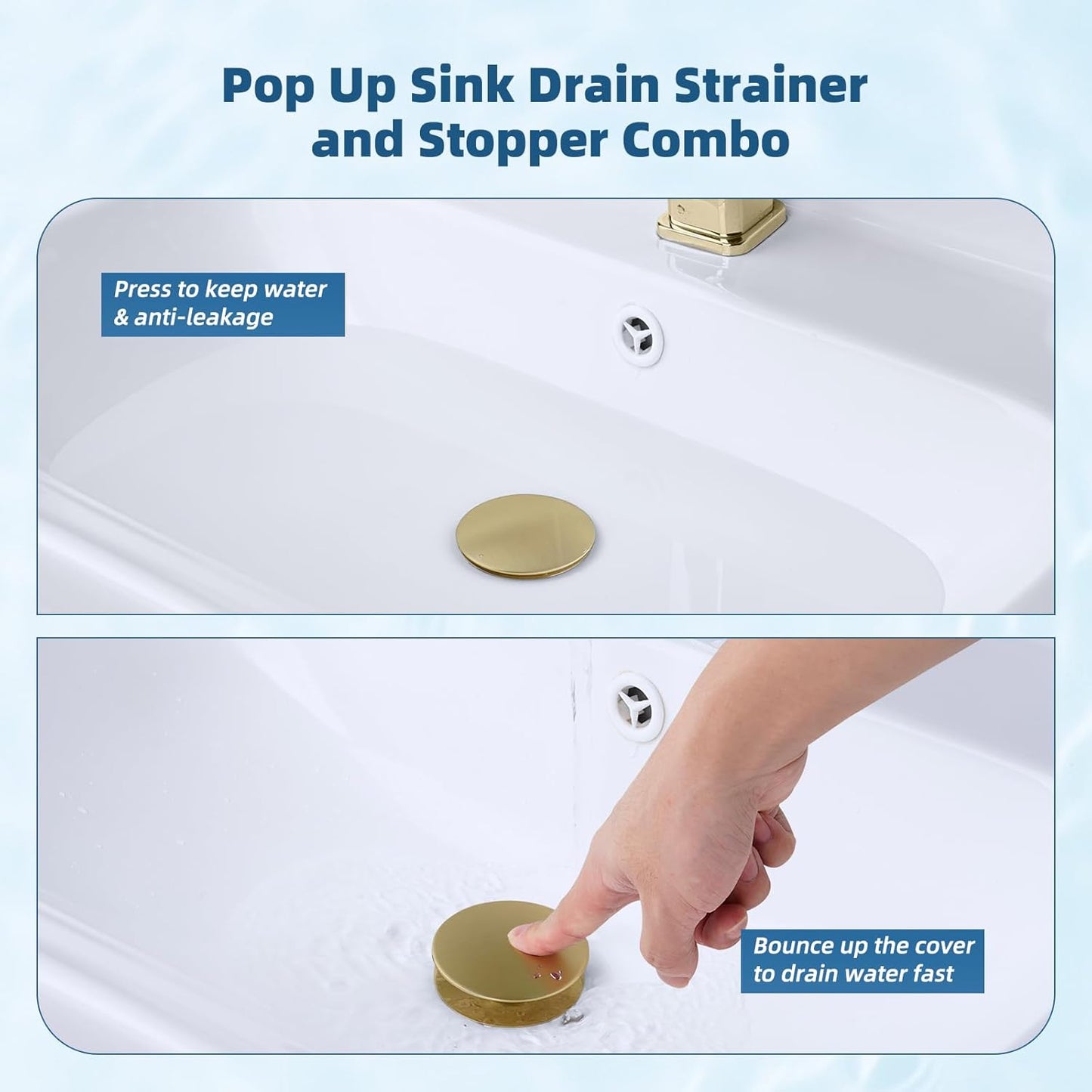 Hibbent 2 Pack Upgraded 3 in 1 Bathroom Sink Drain Strainer, Pop Up Sink Stopper with Big Cap, Anti-Clogging Metal Filter Basket,Sink Plug with Hair Catcher for 1.1''~2.36'' Basin, Brushed Gold