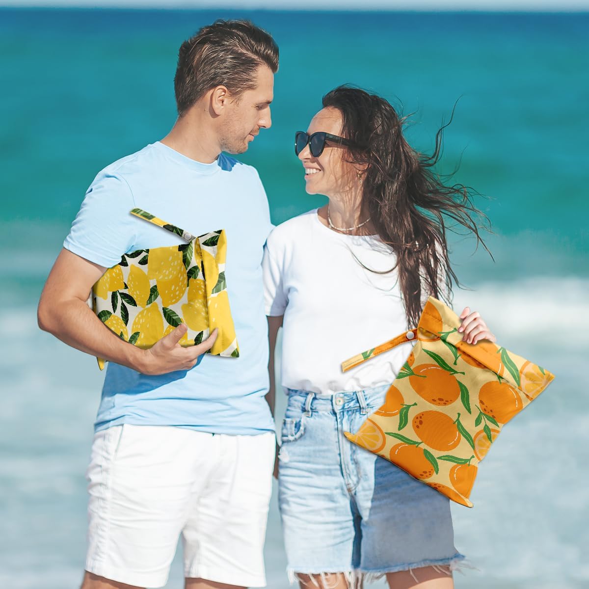 2Pcs Lemon Orange Print Wet Bags, Wet Dry Bag Reusable for Swimsuit, Travel, Diapers, Beach, Dirty Yoga Gym Clothes, Toiletries, Makeup Bag, Waterproof Birthday Christmas Gifts