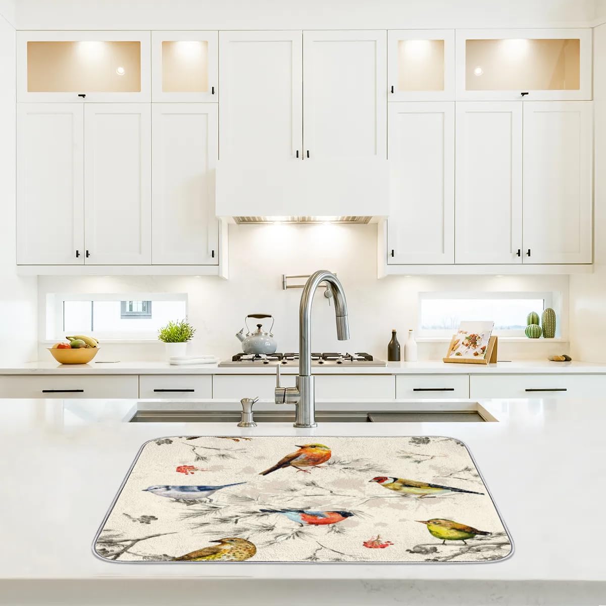 Hexteria Vintage Birds Dish Drying Mat for Kitchen Counter, Absorbent Reversible Microfiber Dish Drying Pad Kitchen Drying Mat for Home Decor, 18 x 24 inch