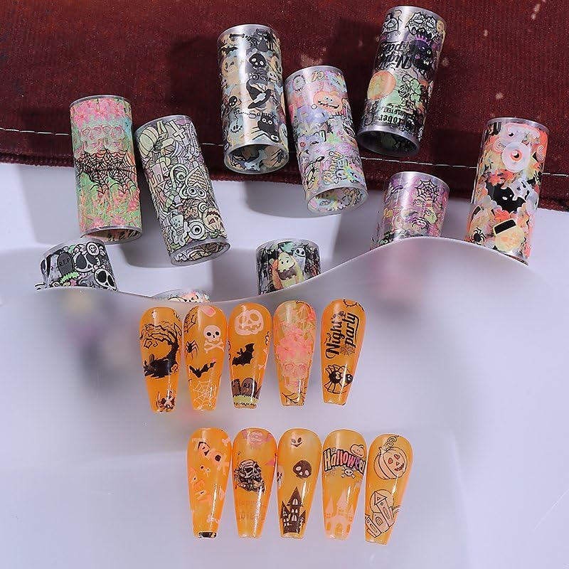 Halloween Nail Foil Transfer Stickers 10 Rolls Pumpkins Skull Nails Stickers Funny Purple Black Bat Nail Foils 1 Box Colorful Starry Sky Paper Nail Decals Halloween Nails Art Sticker Nails Art Decals