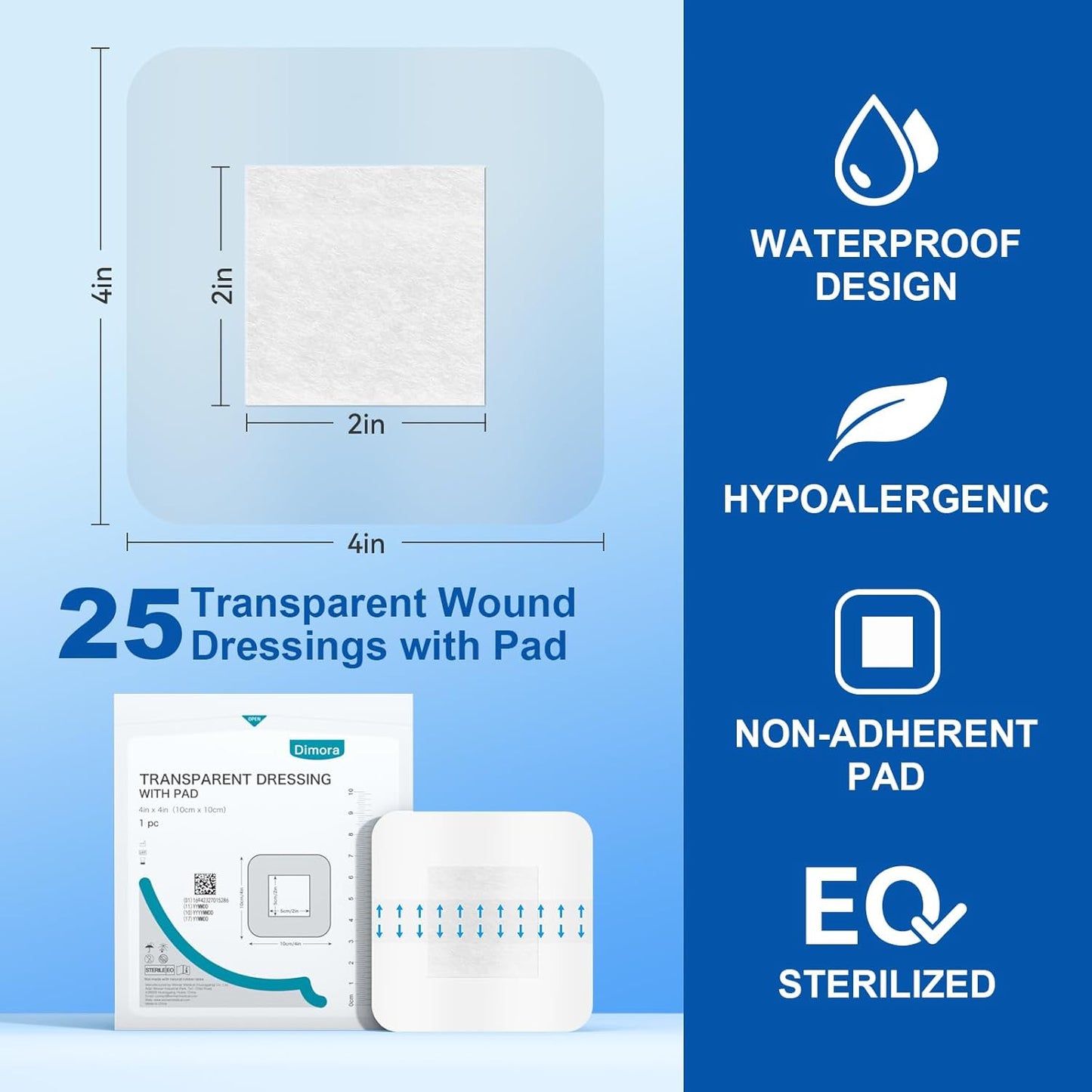 Dimora Waterproof Adhesive Bandages with Pad, Transparent Film Dressing 4x4 inch 25 Packs, Clear Bandage Tape for Wound Care, Fragile Skin and Swimming,IV Shield, Tattoo Aftercare