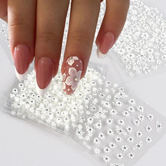 White Flower Nail Art Stickers White Flower with Rhinestones Nail Decals 3D Self Adhesive Nail Stickers Nail Art Designs Flowers Sticker for Nails Decorations 30 Sheets