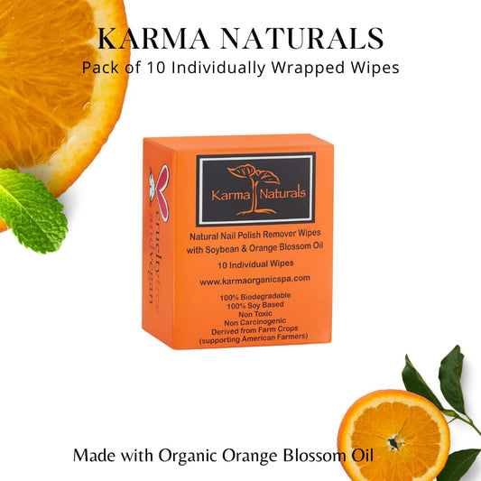 Karma Organic Natural Nail Polish Remover Wipes with Soybean and Orange Blossom Oil, 100% Soy Based, Non-Toxic, Vegan, Cruelty-Free – Pack of 10