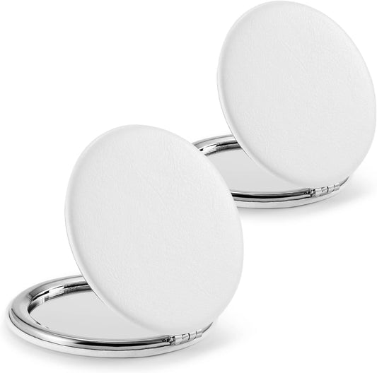 Compact Mirror,Set of 2 Round Double-Sided Makeup Small Mirror for Purse with 1X/3X Magnification PU Leather (White, 2.8")