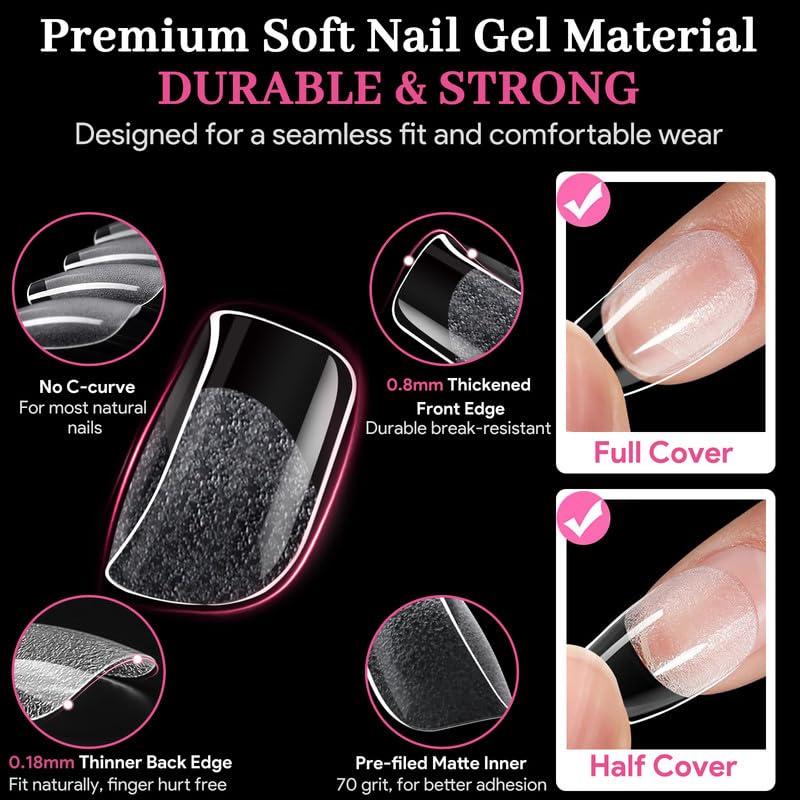 Extra Short Square Fake Nail Tips, 15 Sizes 240 PCS Clear French Half Matte Press On False Nail Tips Pre-shaped Full Cover Gel Nail Tips Extensions Long Lasting for DIY Beginners & Salon Manicure