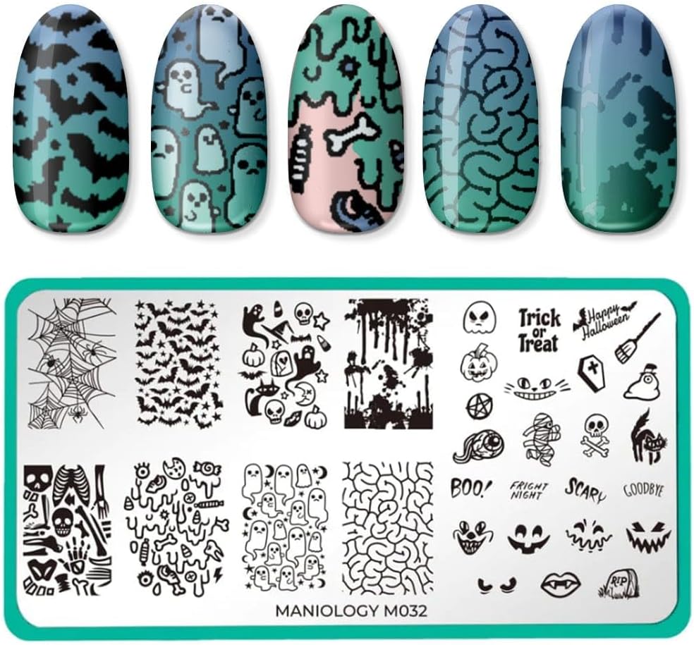 Maniology Creepy Cute Nail Stamping Plate Set, Halloween Plates Bundle (Fright Night (M032), Ghosted (M056), Bad to The Bone (M158), Halloween Treats (M248))