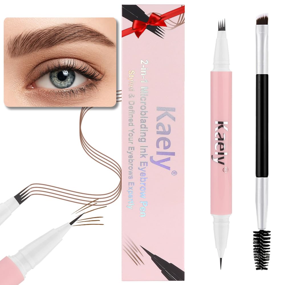 evpct 1Pcs Midium Brown Magic Microblading Dual-Ended Eyebrow Contouring Pen Brow Pencil, with 4 Brush Micro-Fork-Tips Applicator and Precise Brush-Tip Hair Like Stroke, Dual-ended Eyebrow Brush