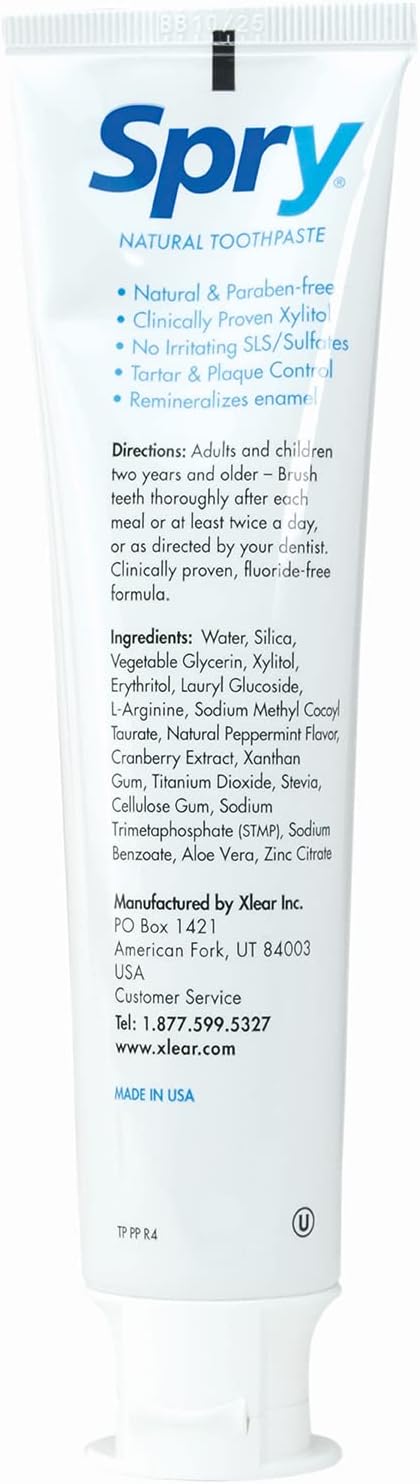 Spry Natural Xylitol Toothpaste 5oz for Adults and Kids - Fluoride Free, Gentle for Sensitive Teeth Whitening and Remineralizing, Breath Freshening, Mouth Moisturizing, Peppermint (Pack of 2)