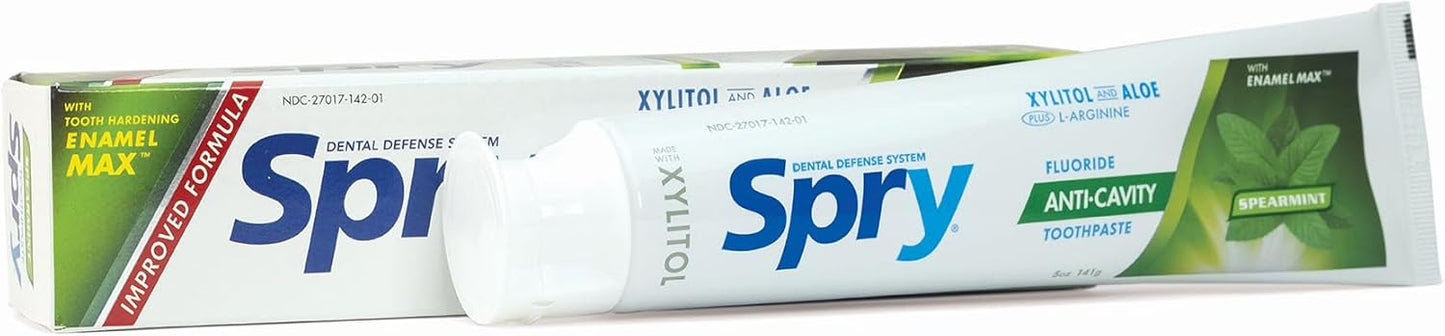Spry Natural Xylitol Toothpaste 5oz for Adults and Kids with Fluoride, Gentle for Sensitive Teeth Whitening and Remineralizing, Breath Freshening, Mouth Moisturizing, Spearmint (Pack of 2)