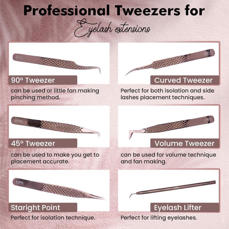 5 Pcs Fiber-Tip Japanese Steel Lash Tweezer Set with Leather Case, Professional Eyelash Tweezers for Lash Extensions – Titanium Coated, 90 & 45 Angled, Precision Pointed Tweezers (METALIC-ROSE)
