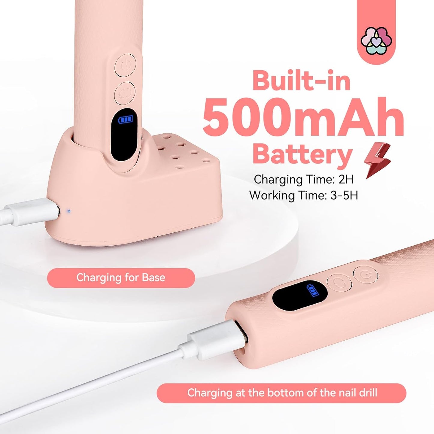 SAVILAND Professional Electric Nail Drill: 20000RPM Cordless Efile Nail Drill Pink Protable Nail File with Base for Nail Grinding & Polishing Gel Acrylic Nails Faster Remover Salon at Home