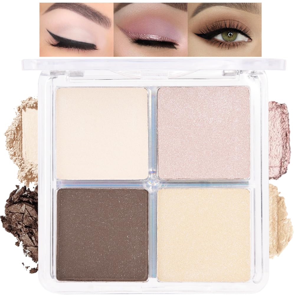 4 Colors Beige Nude Brown Pink Yellow Eye Shadow Powder Palette Makeup, Neutral Travel Matte Shimmer Creme QuadsEyeshadow Palette for Women Highly Pigmented Waterproof, paleta de sombras de ojos 01