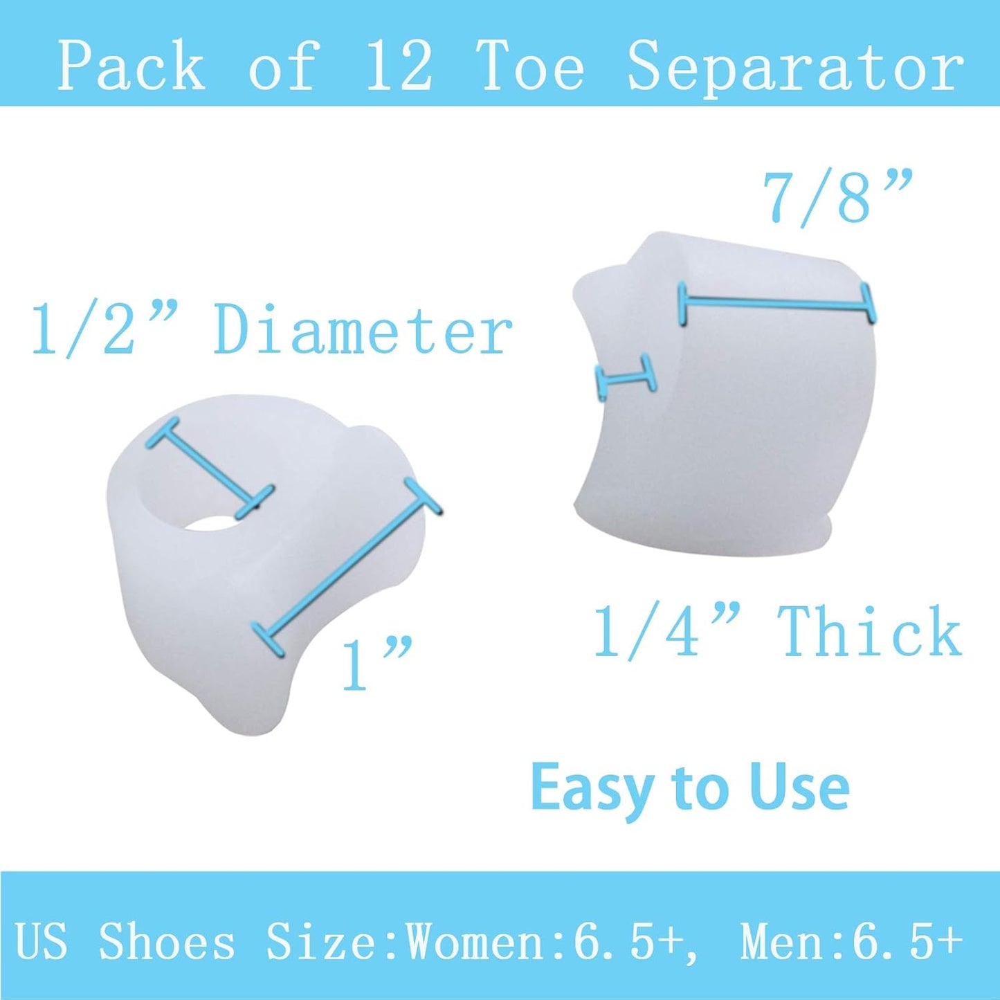 Pack of 12 Gel Toe Separator, (1/4" Thick) Big Toe Spacers, Single Loop Toe Spreader for Bunions, Overlapping Toe, Corrector and Spacer (White)