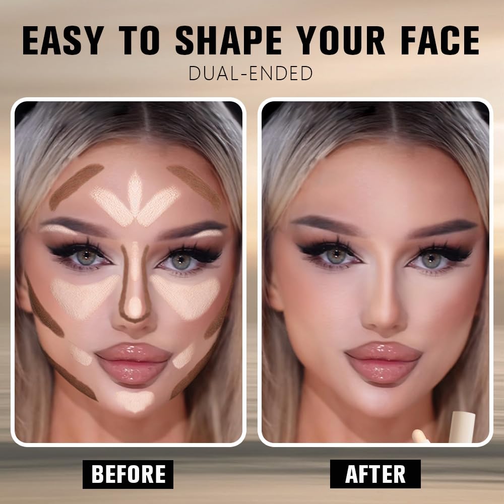 evpct Nuetral Nude & Beige Cream Contour Stick Face Body Makeup Dual Ended, no Transfer Waterproof 2 in 1 Cream Concealer Stick Contouring Makeup, Nose Contour Bronzer Sticks Face Highlighter Make up