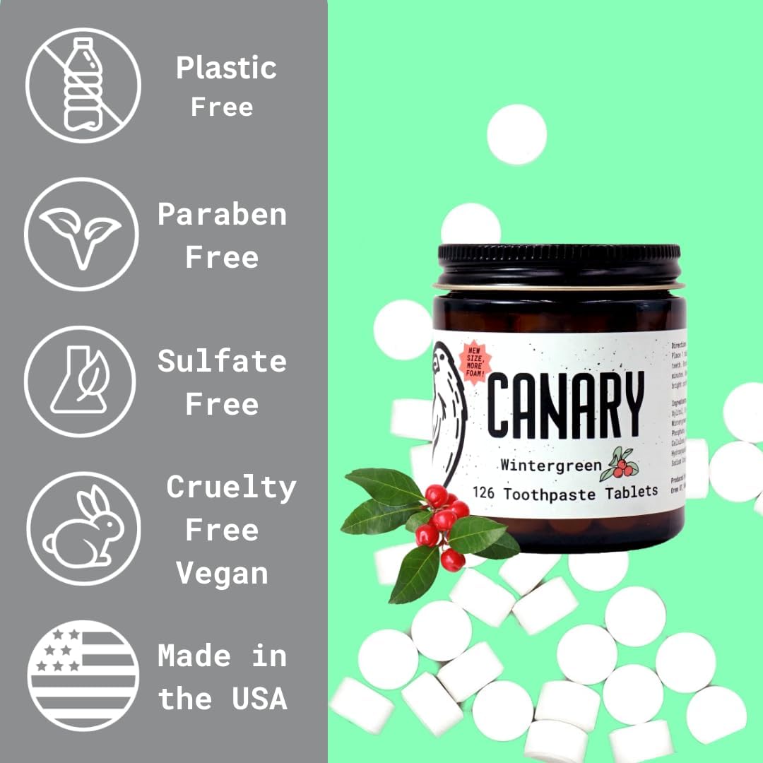 Canary Toothpaste Tablets Wintergreen - Chewable Nano-Hydroxyapatite Teeth Cleaning Tablet - No Fluoride, Great for Travel, Zero Waste (189 Count (Pack of 3), Wintergreen)