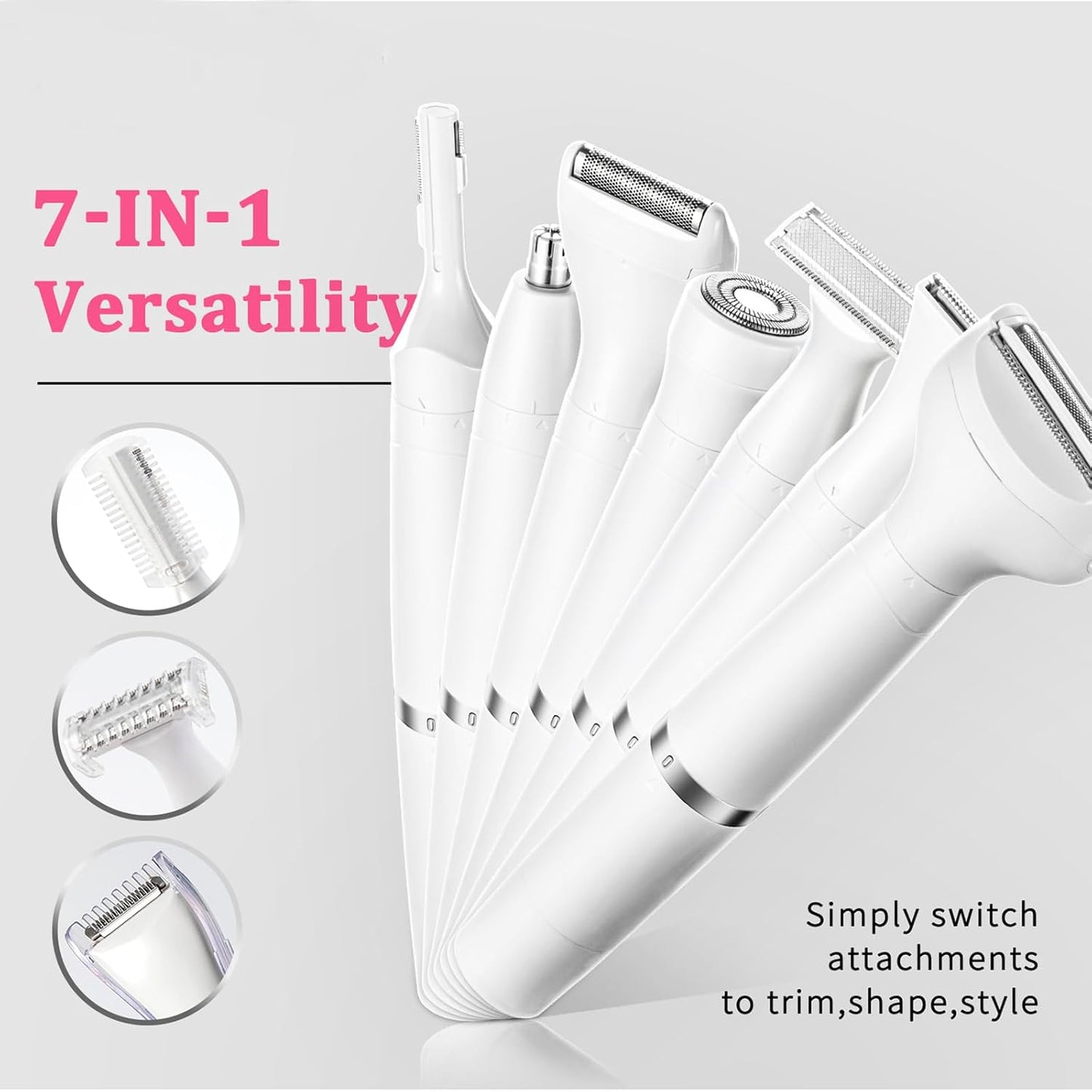 7-in-1 Electric Razor for Women - Painless Facial Hair Removal & Bikini Trimmer, Nose Eyebrow Pubic Hair Shaver with Replaceable Razors, Waterproof Women's Grooming Kit & Electric Shaver