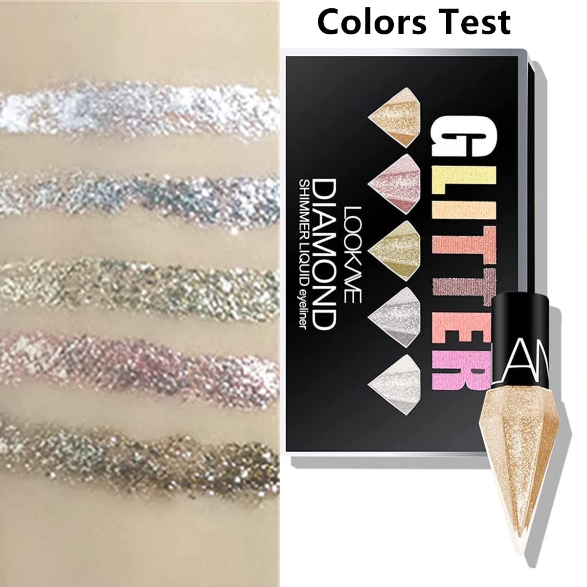 Go Ho Glitter Liquid Eyeliner Colorful Set,5 Colors Metallic Shimmer White Silver Gold Diamond Eye Liner,Glitter Eyeliner Eyeshadow Shine,Waterproof Long Lasting Glow Sparkle Eye Makeup