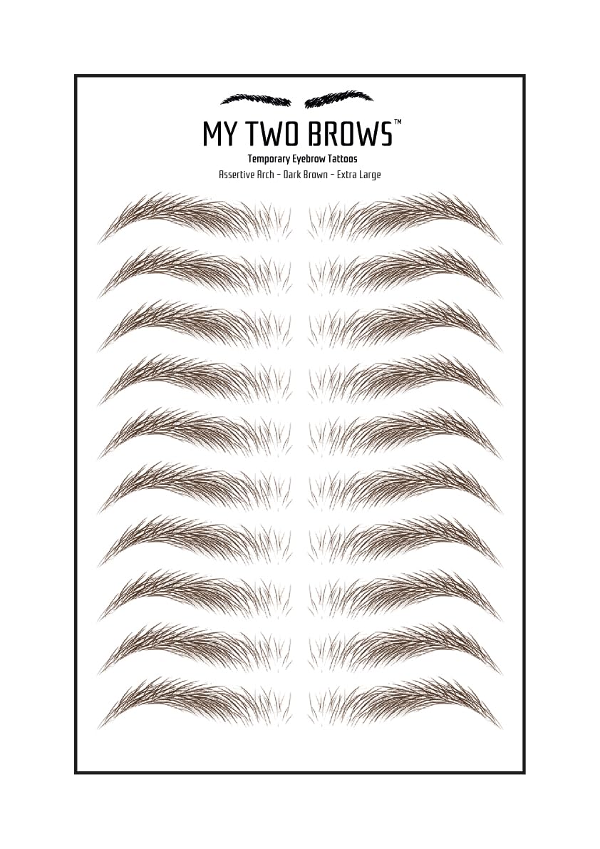 (10 pairs) Dark Brown Temporary Eyebrow Tattoo - Extra Large Size - Waterproof & Smudgeproof - Assertive Arch Style Eyebrow Stickers - Sheet Lasts up to 30 Days - Won't Work on Existing Brows