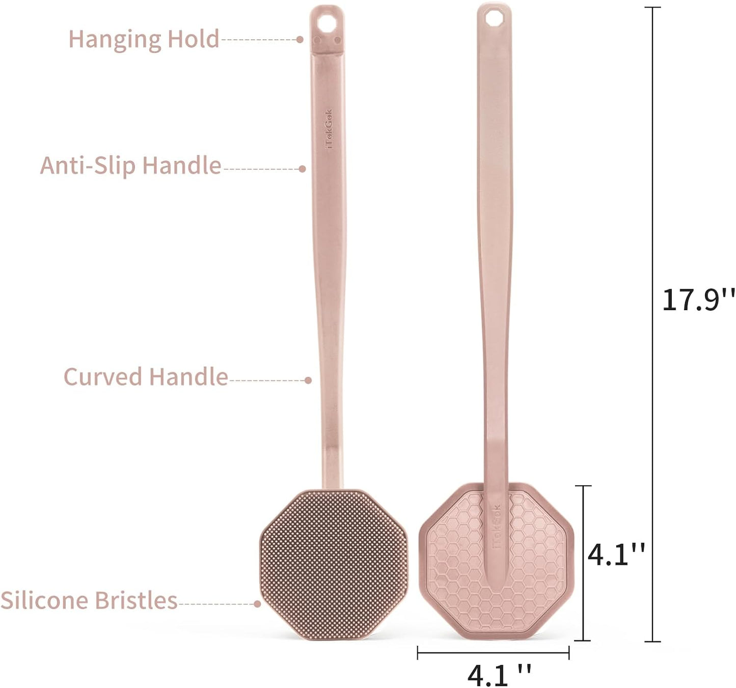 iTokGoK® Silver-Infused Silicone Back Scrubber with Long Handle Back Brush for Shower,Back Brush Long Handle for Men and Women,Ergonomic No-Slip Handle, Long-Lasting (Sand Pink)