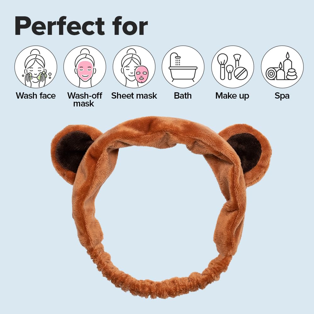 I DEW CARE Face Wash Headband - Brown Bear | Animal Head band for Face Washing & Skincare, Spa Day, Soft & Fuzzy, Cute for Makeup, Shower, Teen Girls Stuff, Teddy Bear Ears, (1 Count)