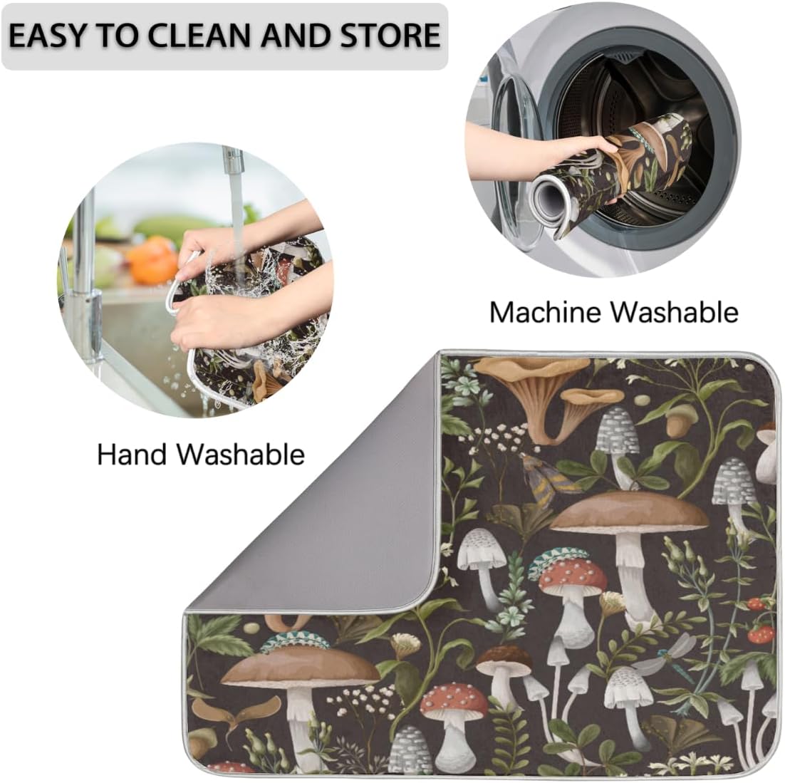 Hexteria Mushroom Dish Drying Mat For Kitchen Counter 16 X 18 Inch, Microfiber Absorbent Dish Drainer Mat for Countertops Protector Pad