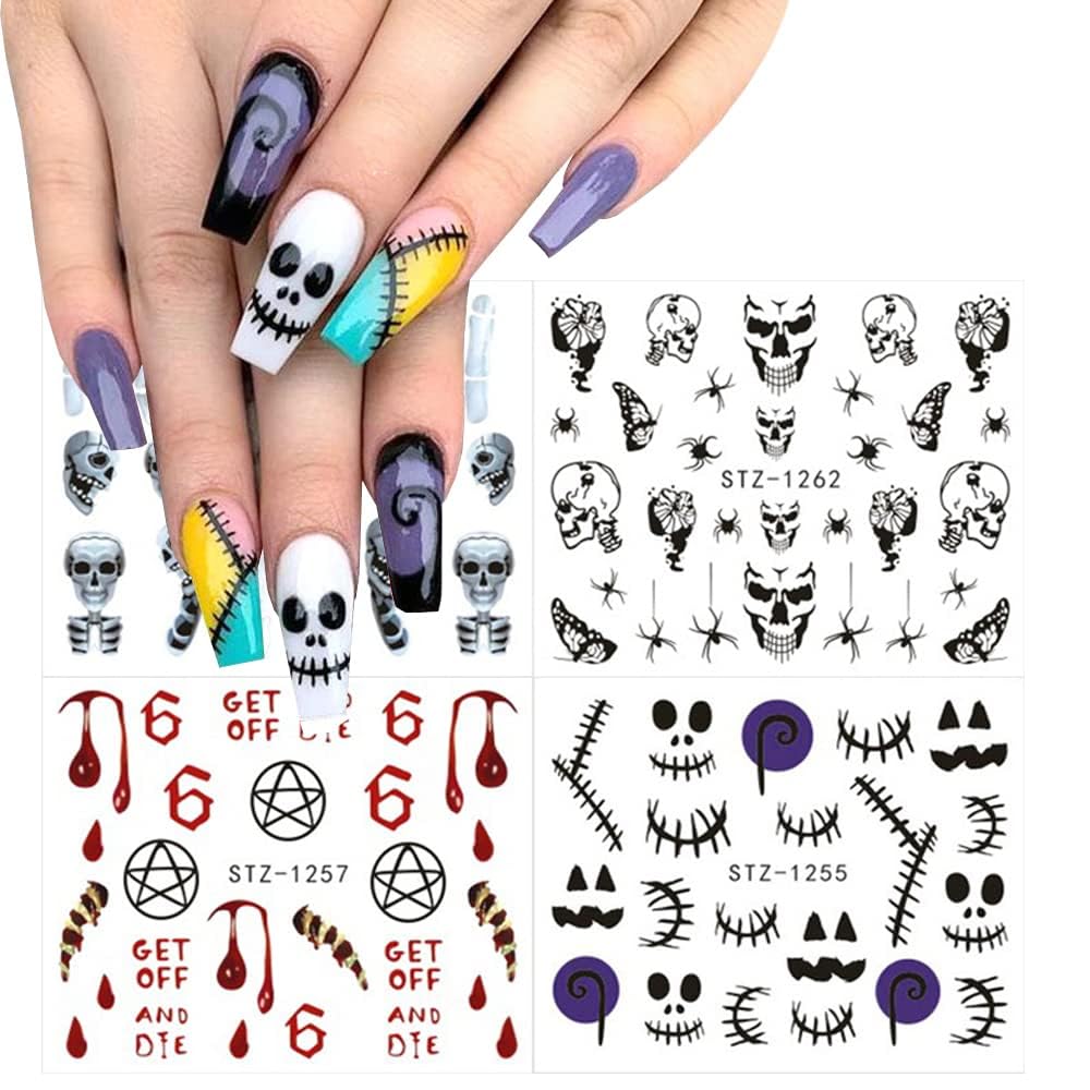 12 Sheets Halloween Nail Art Sticker Decals Horror Water Transfer Nails Foils Pumpkin Ghost Skull Spider Blood Evil Eye Halloween Design Nail Art Decoration Nail Slider Decal for Women DIY Nail Supply