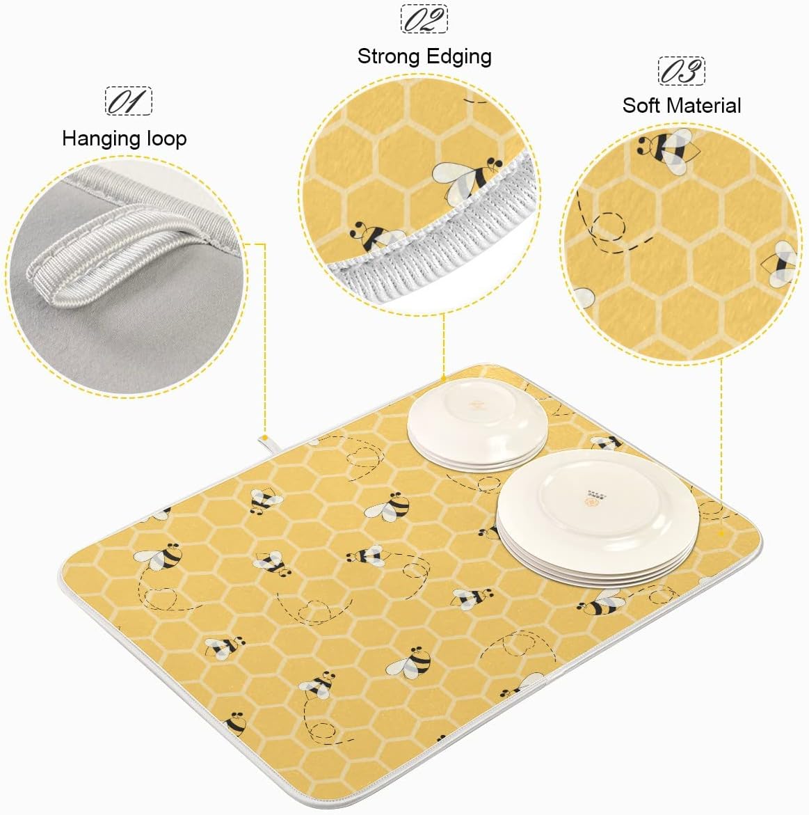 Funny Bees Honey Dish Drying Mat 16x18 for Kitchen Counter Yellow Bumblebee Beehive Dishes Pad Absorbent Fast Dry Dish Draining Mats Medium Kitchen Accessories