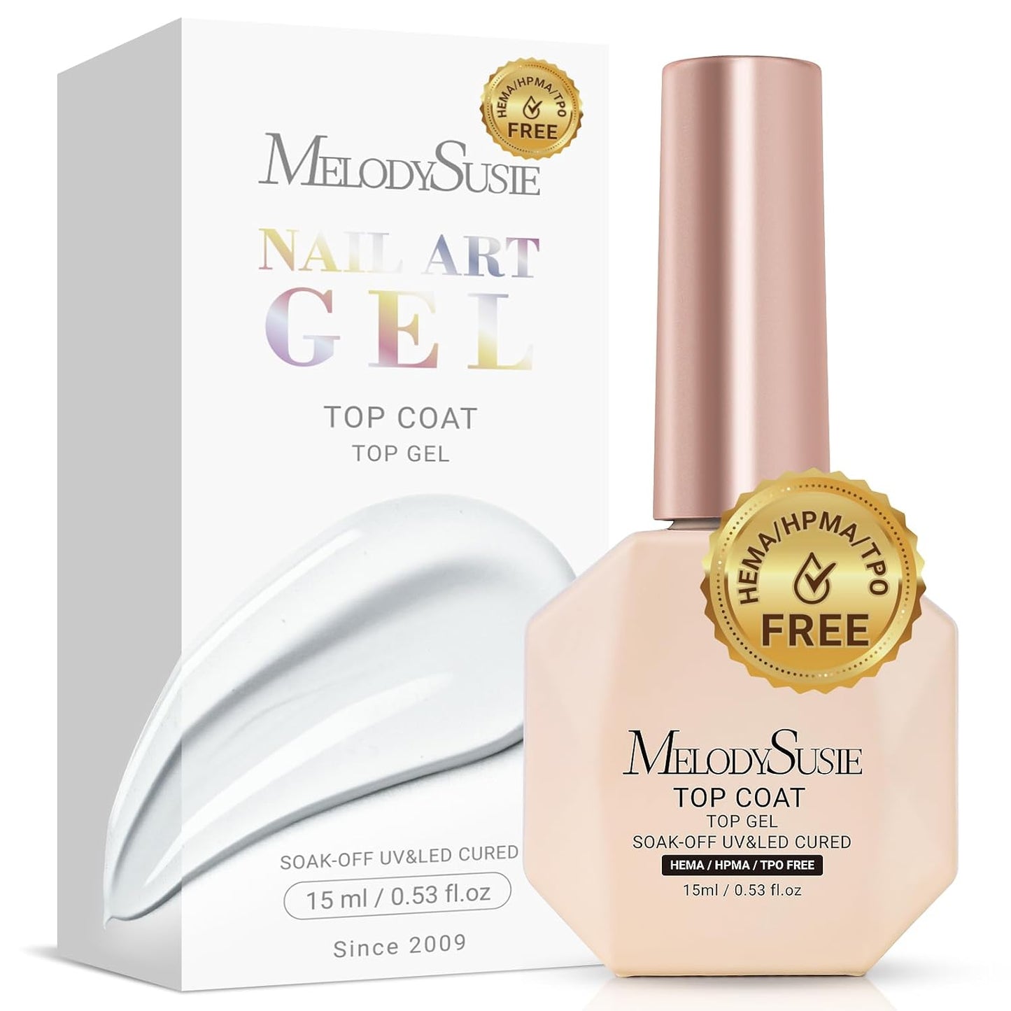 MelodySusie Hema Free Gel Top Coat,Hema Free,Hpma Free,Tpo Free,No Wipe,Soak off UV LED Drying,Long Lasting Gloss Shiny 15ML