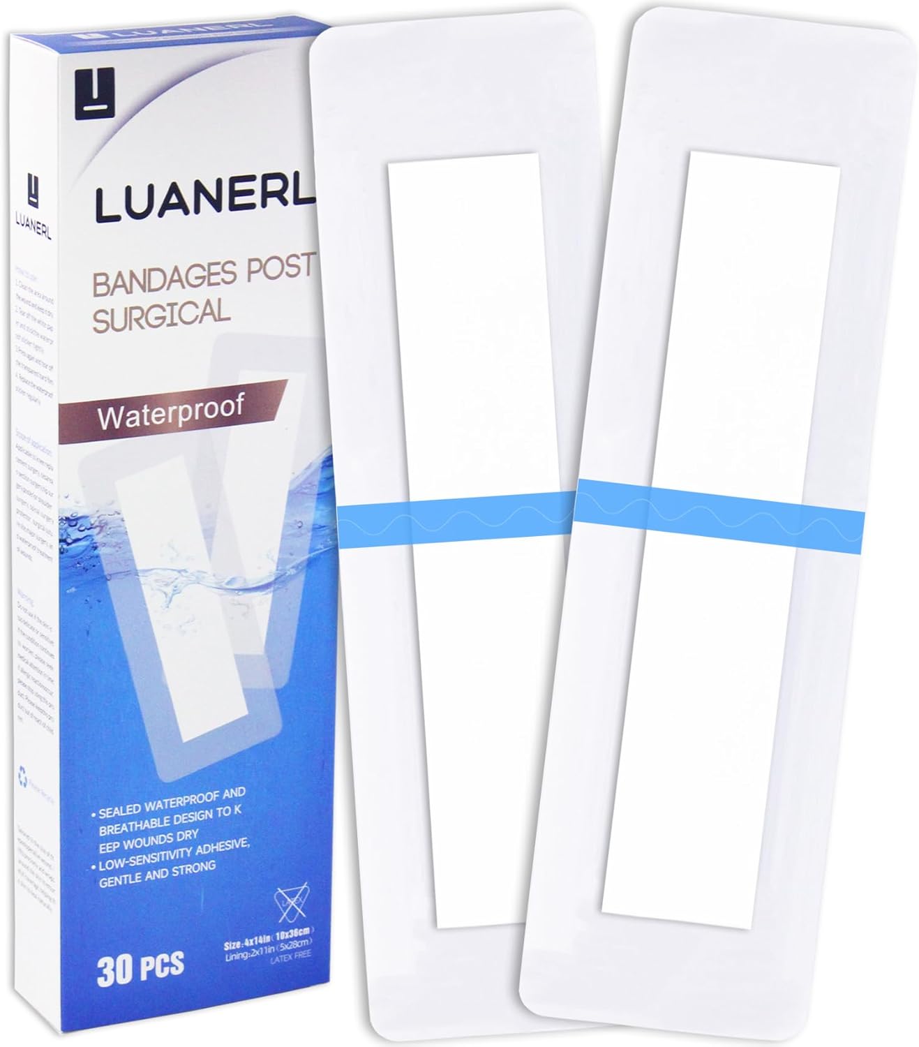 30 Pack 4"x14" Waterproof Adhesive Island Dressing for Post-Surgery Recovery | Sterile Bordered Gauze Bandages with Non-Stick Pad for Knee/Hip Replacement, Surgical Incision Care & Shower Protection