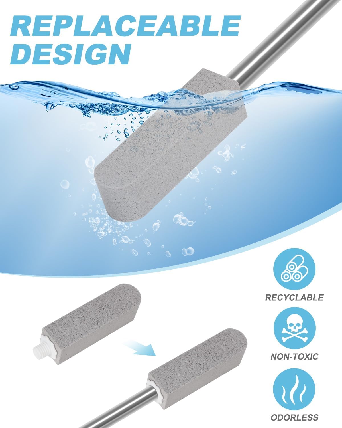 6 Pack Pumice Stone Toilet Bowl Cleaner with Long Stainless Handle - 22" Longer Pumice Stone for Cleaning - Hard Water Ring Stains Remover Brush for Toilet, Bathroom, Kitchen, Sink, Pool, Tile, Grill