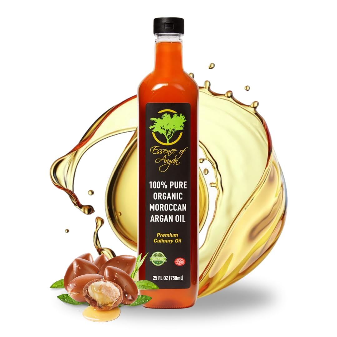 Essence of Argan Organic Moroccan Argan Oil for Cooking, Vegan Eco-Certified USDA-Approved Natural Argan Oil, Great Culinary Oil and Keto Dressing Rich in Nutrients, 25 Ounces