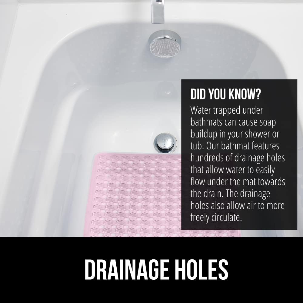 GORILLA GRIP Patented Bath Tub Shower Mat, Machine Washable Bathtub Floor Liner Mats, Suction Cups and Drain Holes to Keep Tubs Clean, Soft on Feet, Bathroom Essentials, 35x16 Inch, Clear Light Pink