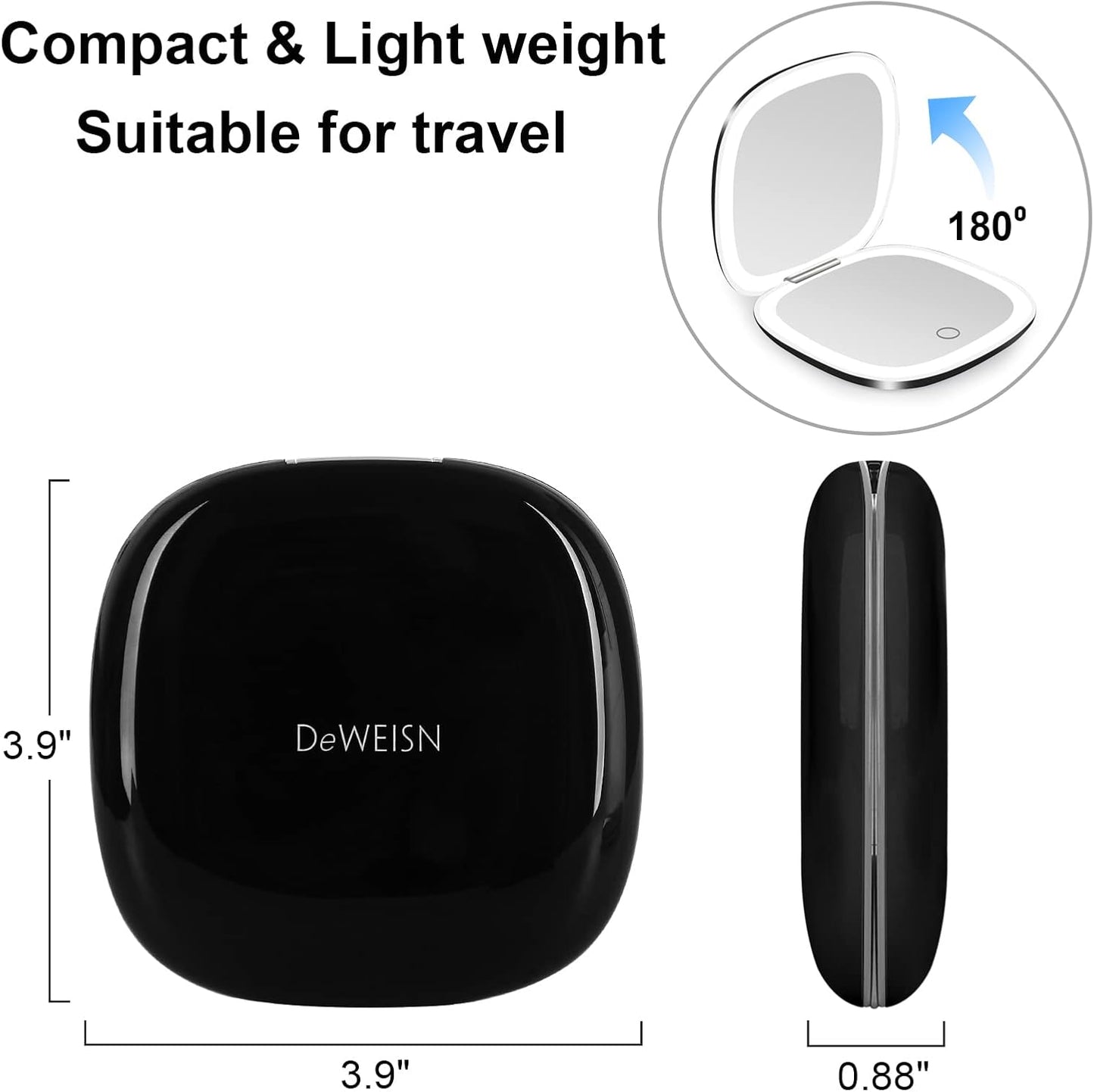 deweisn Compact Mirror, Lighted Travel Makeup Mirror with 1X/10X Magnifying Double Sided Dimmable Portable Pocket Mirror for Handbag, USB Charging(Black)