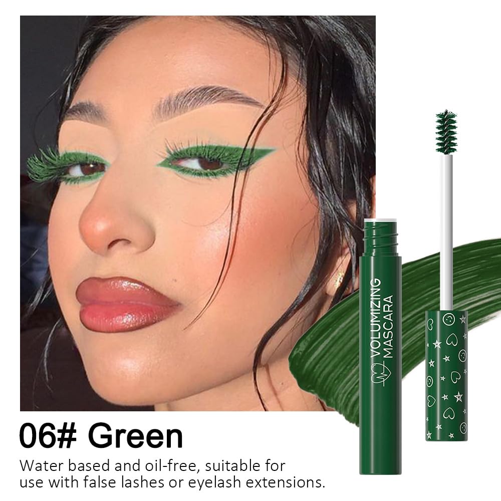 Colored Mascara for Eyelashes Set,Colorful Waterproof Mascara for eyelashes Long lasting Charming Voluminous for Women Halloween Eye Makeup (1Pcs 06#Green, F)