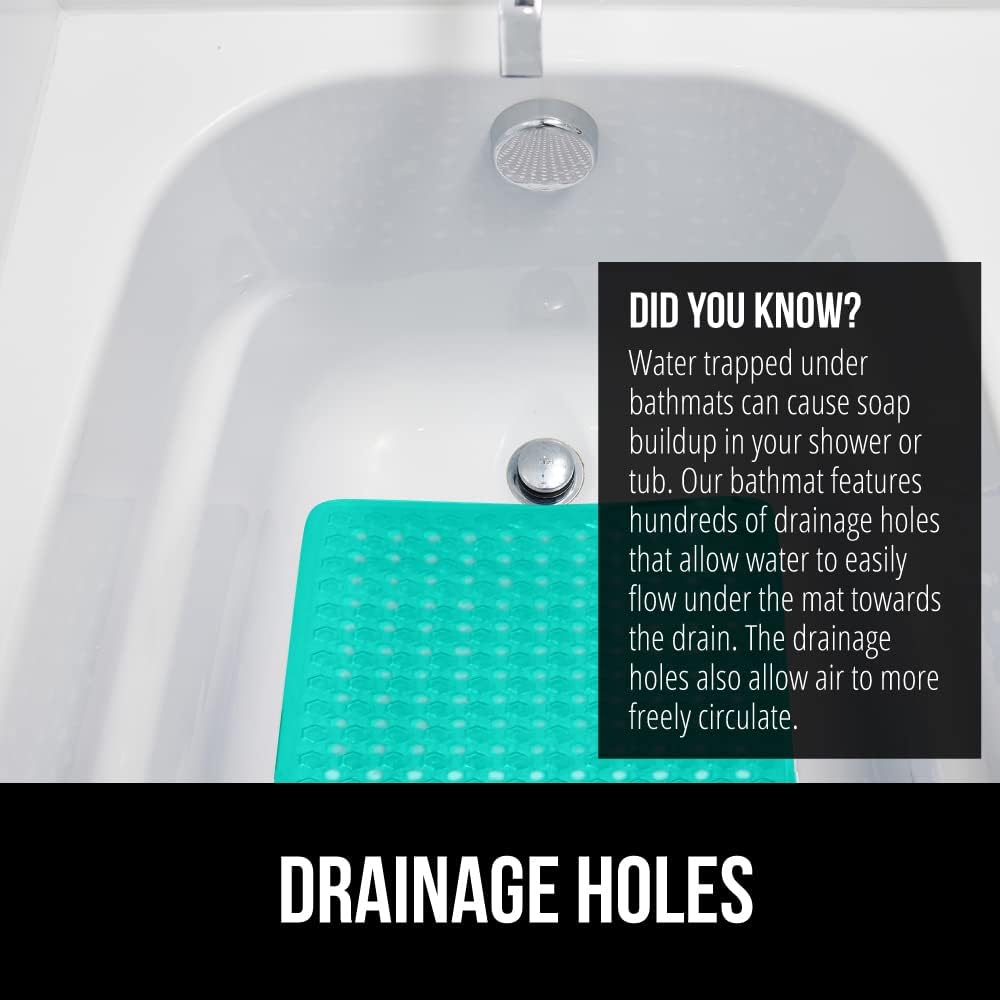 GORILLA GRIP Patented Bath Tub Shower Mat, Machine Washable Bathtub Floor Liner Mats, Suction Cups and Drain Holes to Keep Tubs Clean, Soft on Feet, Bathroom Essentials, 35x16 Inch, Turquoise Opaque